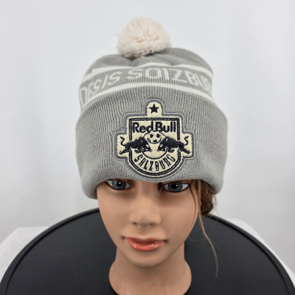 Red Bull Salzburg Soccer Beanie Grey White Pom Pom Knit Hat AlphaTauri RBS23047